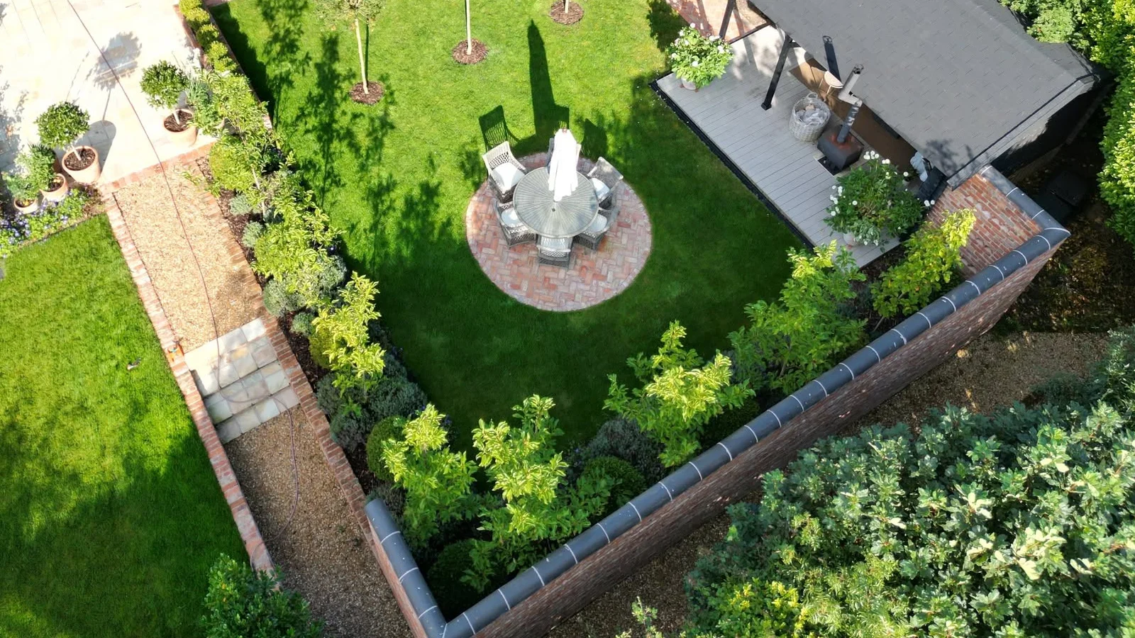 Overhead view of the finished garden paths and circular seating area