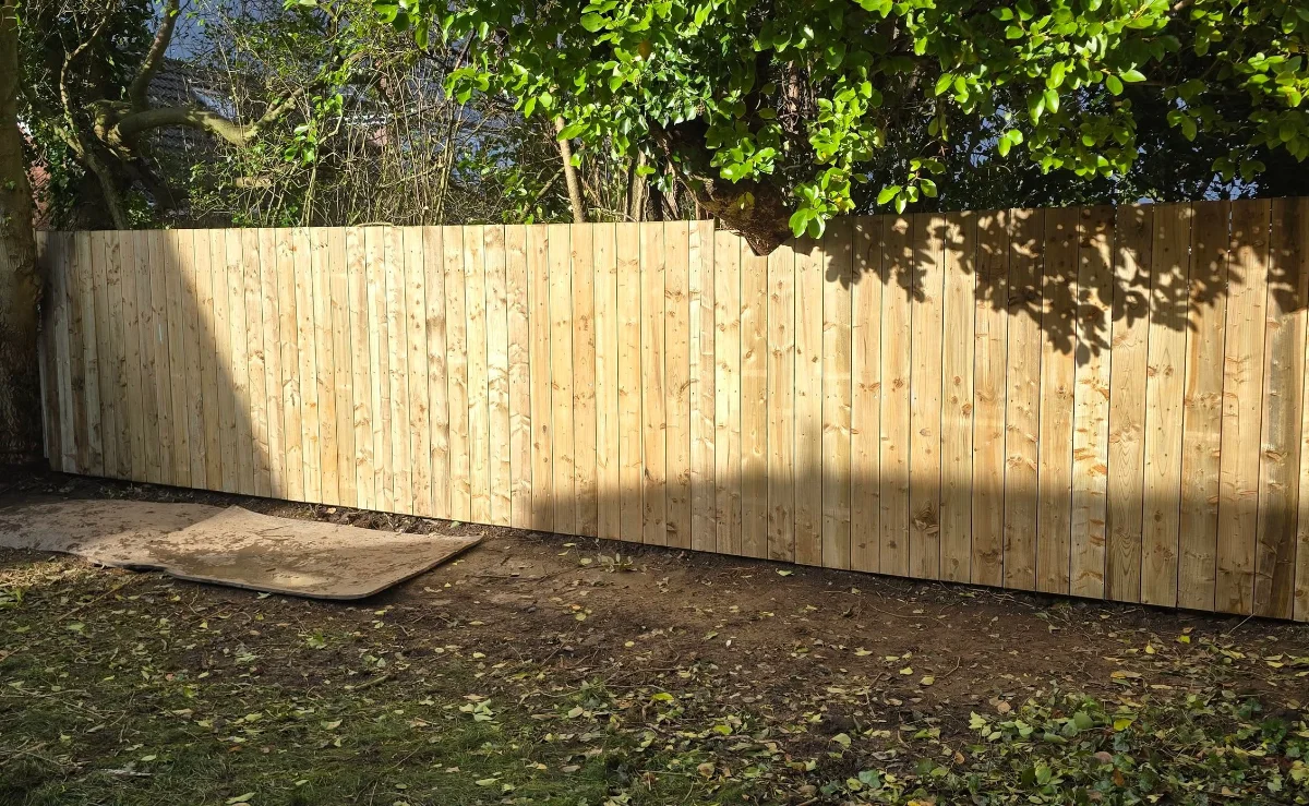 Vertical-board garden fence beneath trees